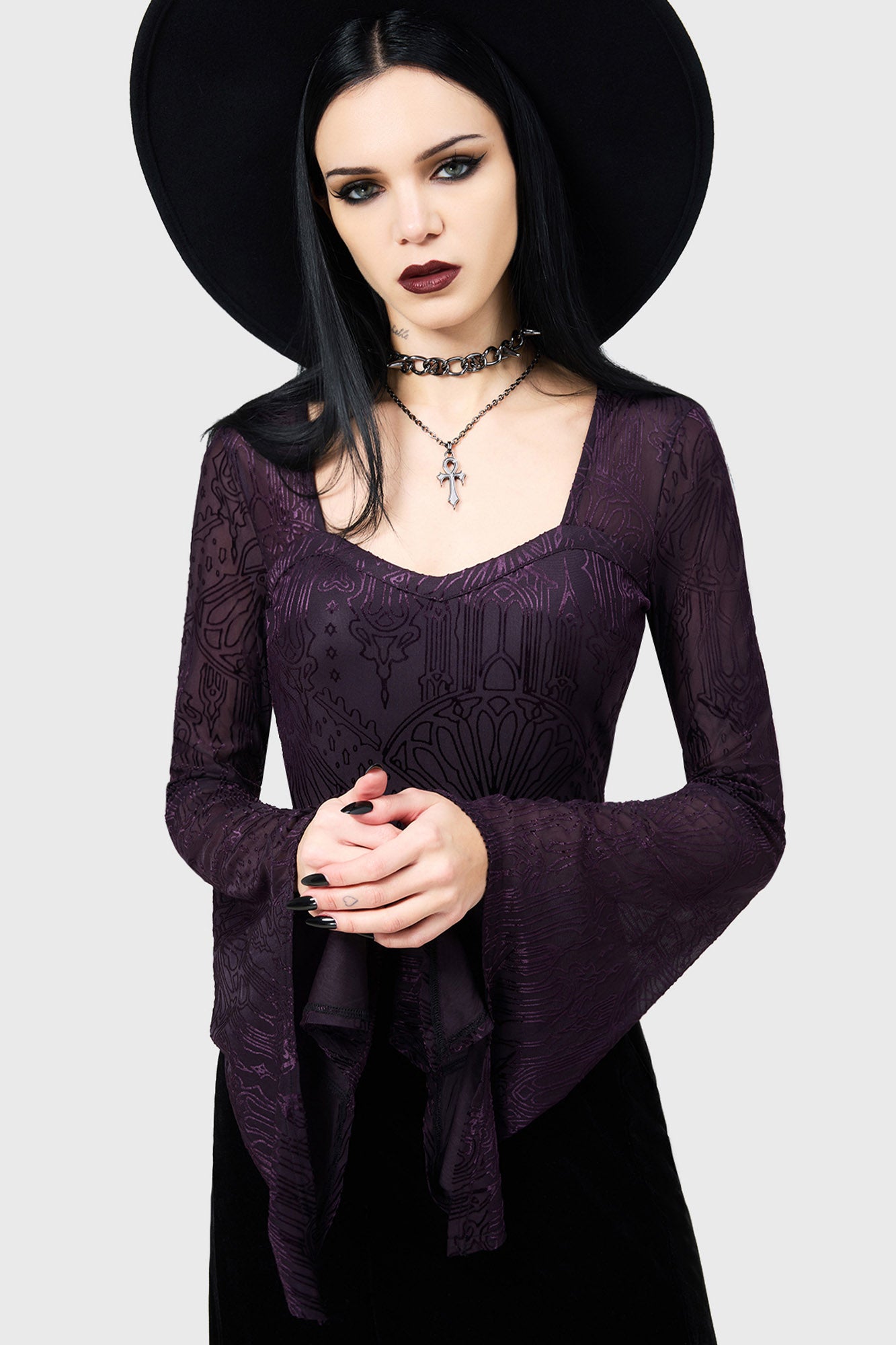 Killstar Seraphena Velvet Crop Top with Flared Sleeves