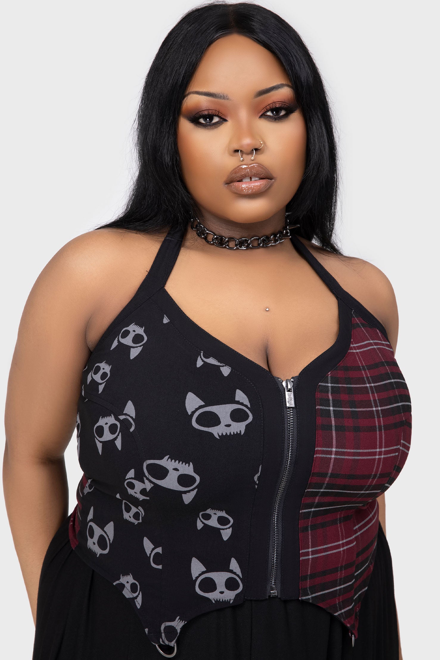 KILLSTAR Vampurr Halter Top - Gothic Zip Front & Adjustable Neck