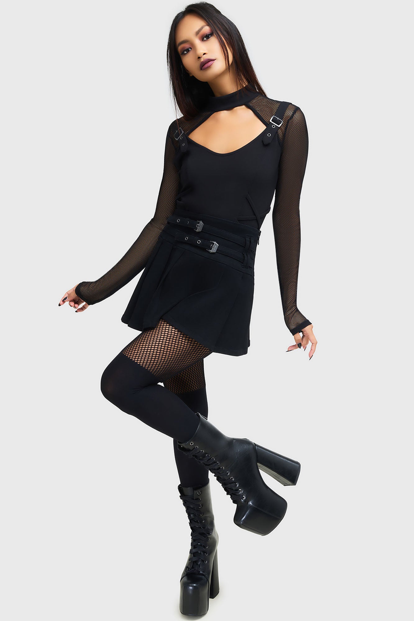 Killstar Techtrash Top - Stretch Ponti Fishnet Sleeves Cropped Fit