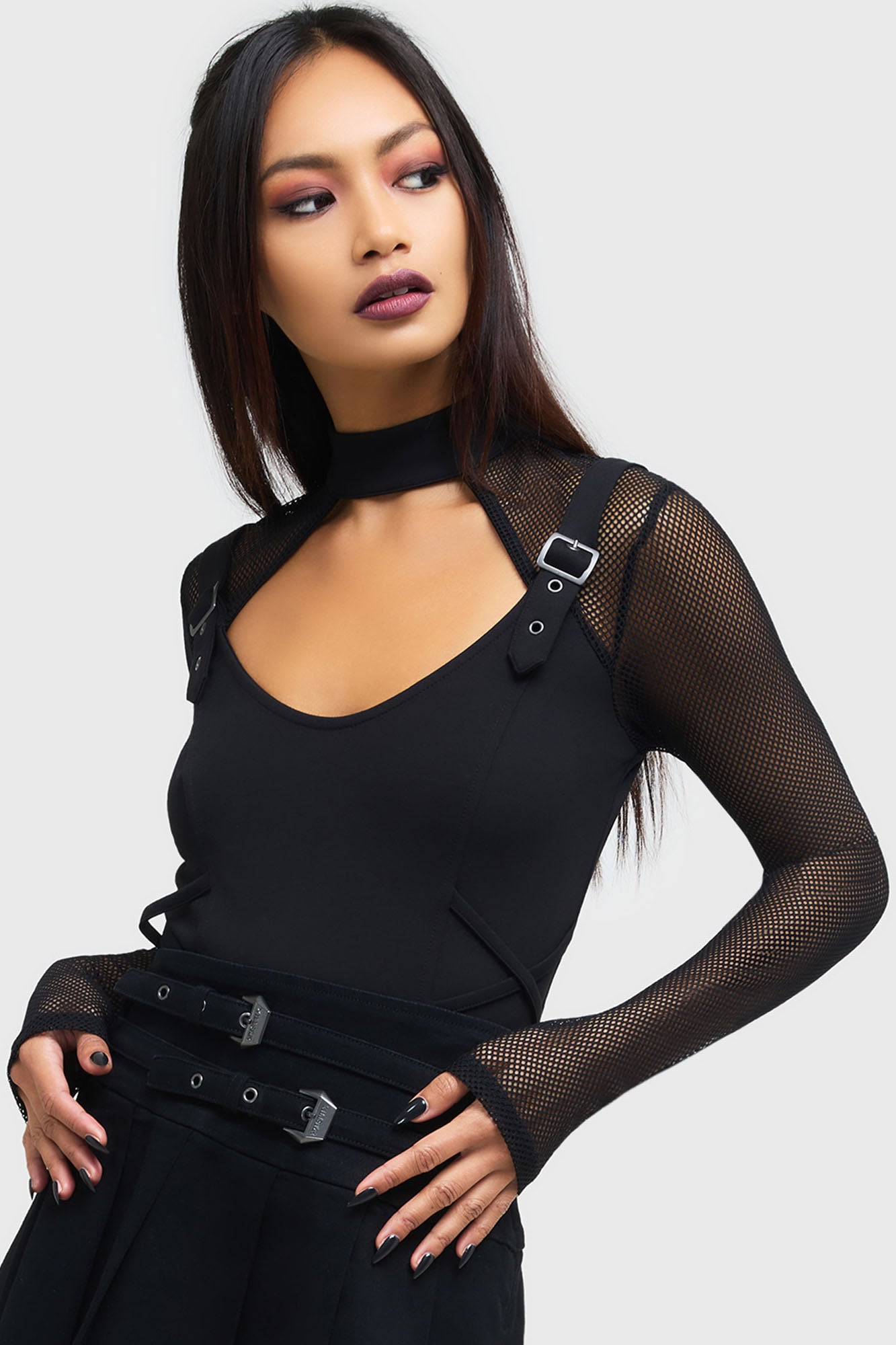 Killstar Techtrash Top - Stretch Ponti Fishnet Sleeves Cropped Fit