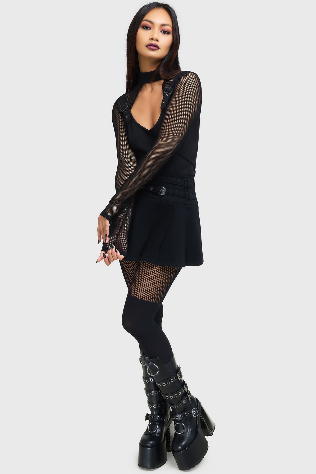 Killstar Techtrash Top - Stretch Ponti Fishnet Sleeves Cropped Fit