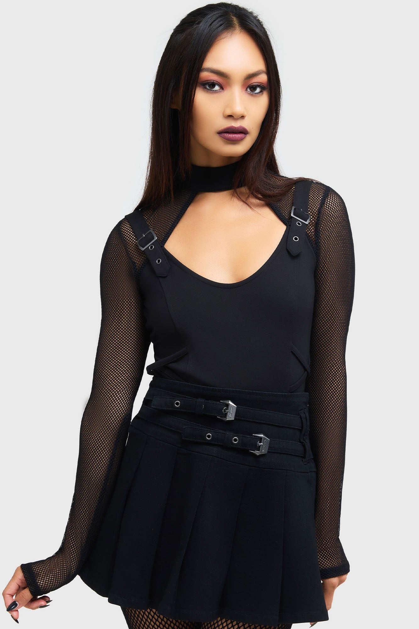Killstar Techtrash Top - Stretch Ponti Fishnet Sleeves Cropped Fit