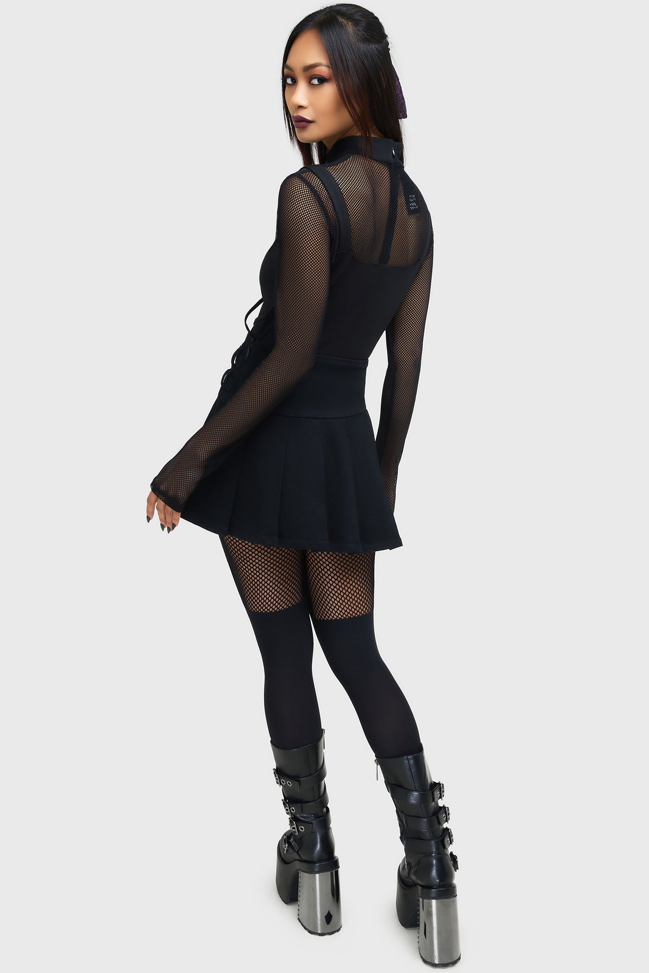Killstar Techtrash Top - Stretch Ponti Fishnet Sleeves Cropped Fit