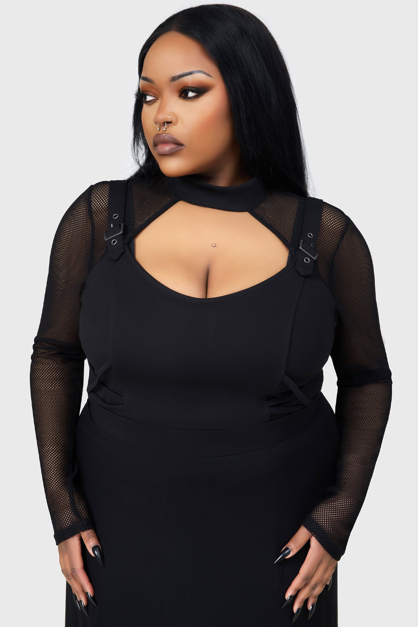 Killstar Techtrash Top - Stretch Ponti Fishnet Sleeves Cropped Fit