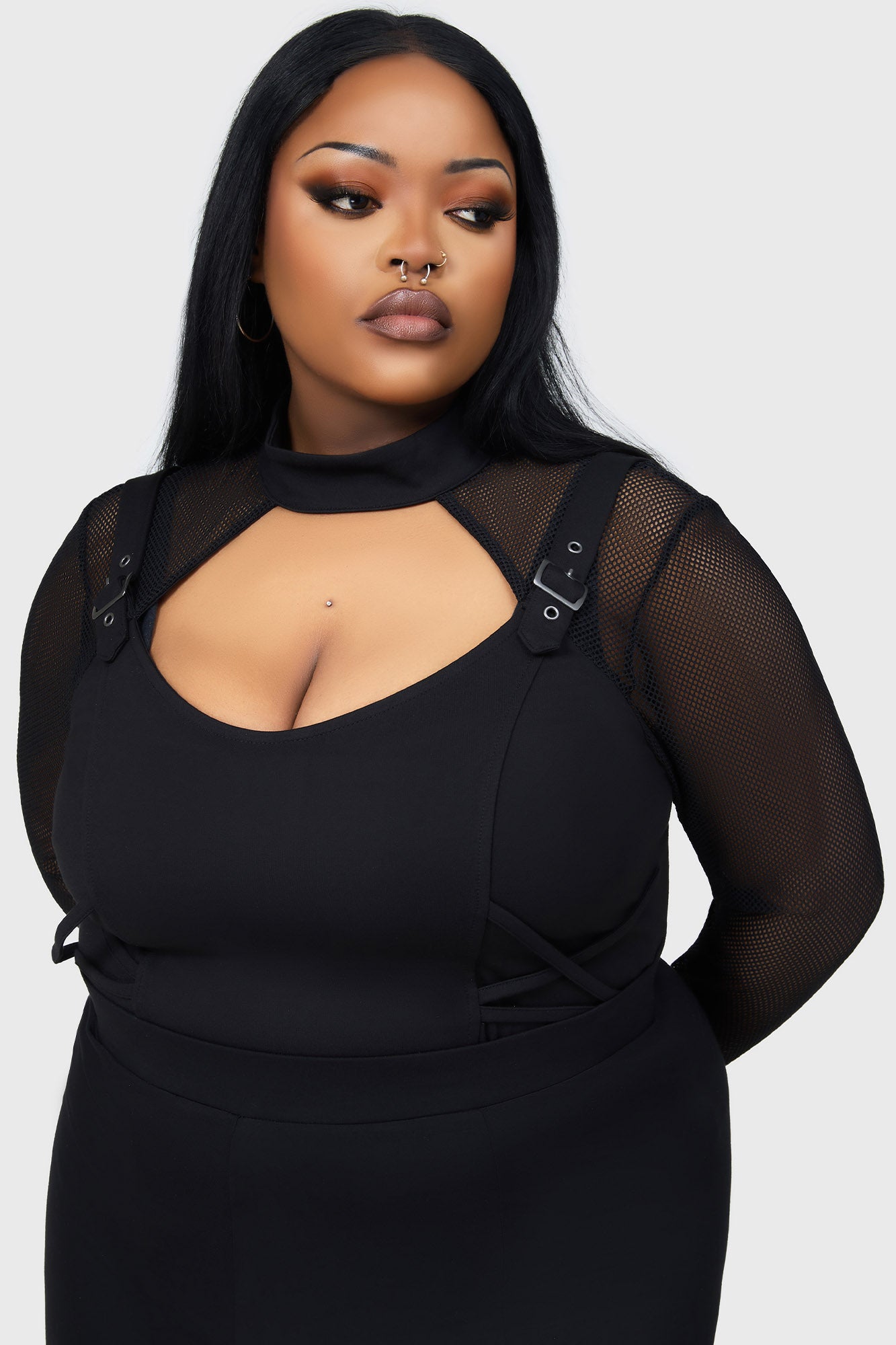 Killstar Techtrash Top - Stretch Ponti Fishnet Sleeves Cropped Fit