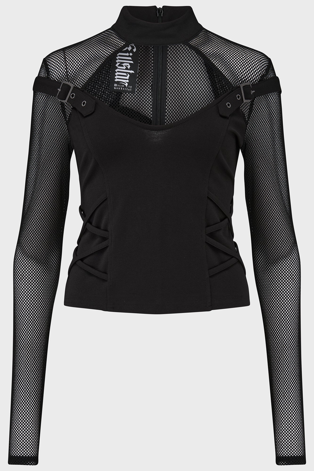 Killstar Techtrash Top - Stretch Ponti Fishnet Sleeves Cropped Fit