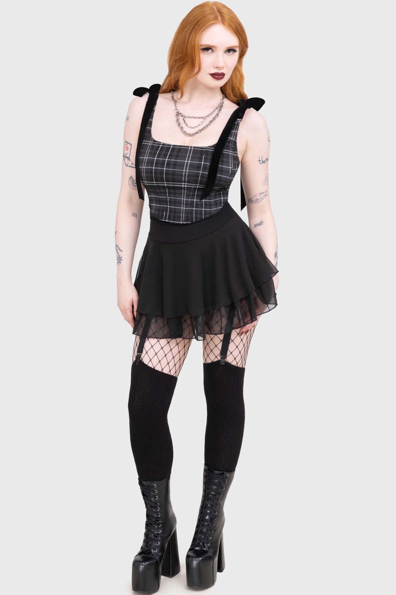 Killstar Tartan Flora Corset Top - Adjustable Straps & Back Zip