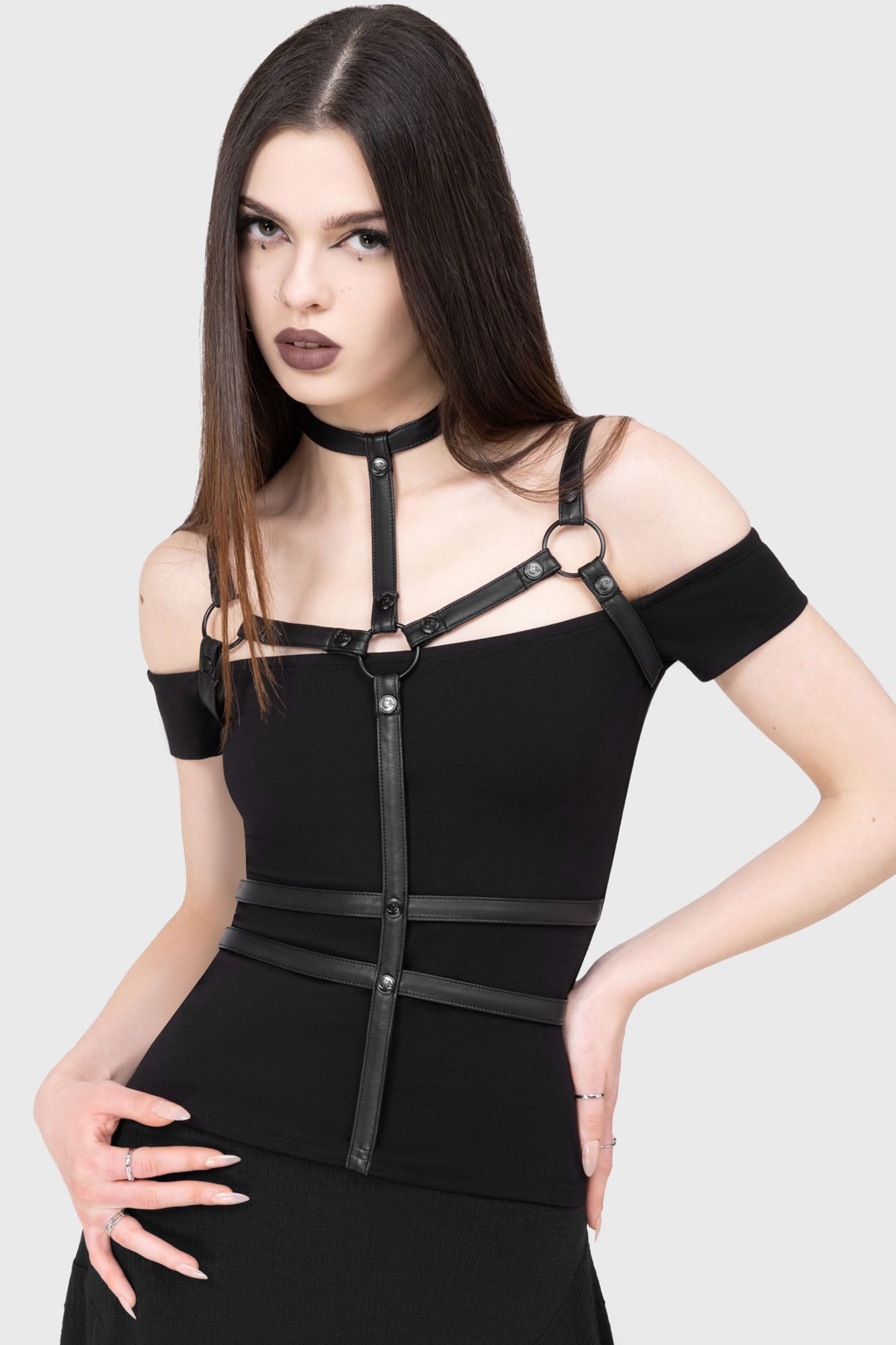Killstar Tenebris Tribe Off Shoulder Top with Harness Straps