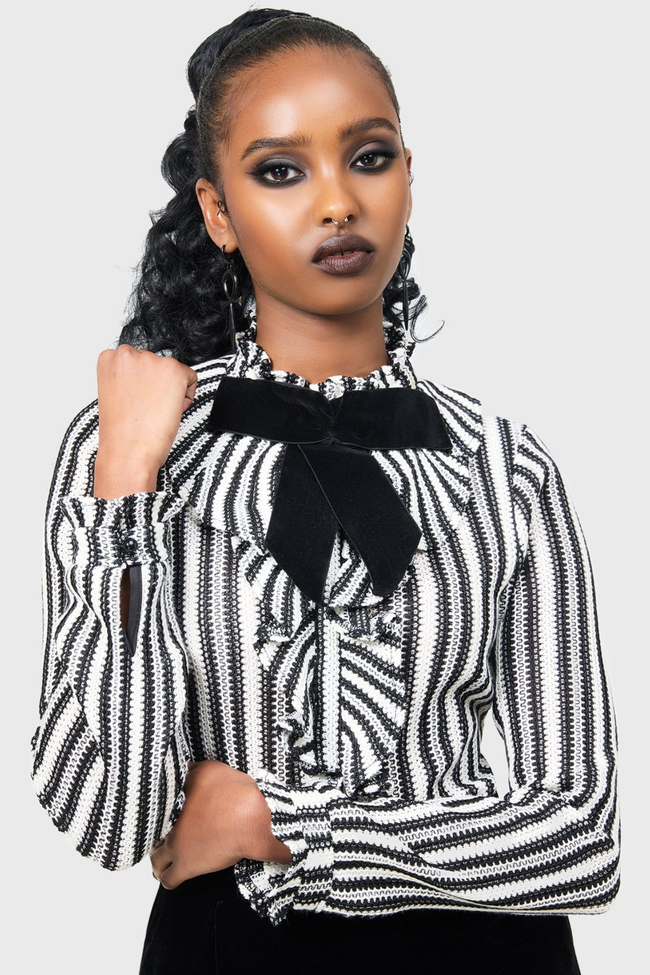 Killstar Tenebrielle Striped Ruffle Blouse with Bow Detail