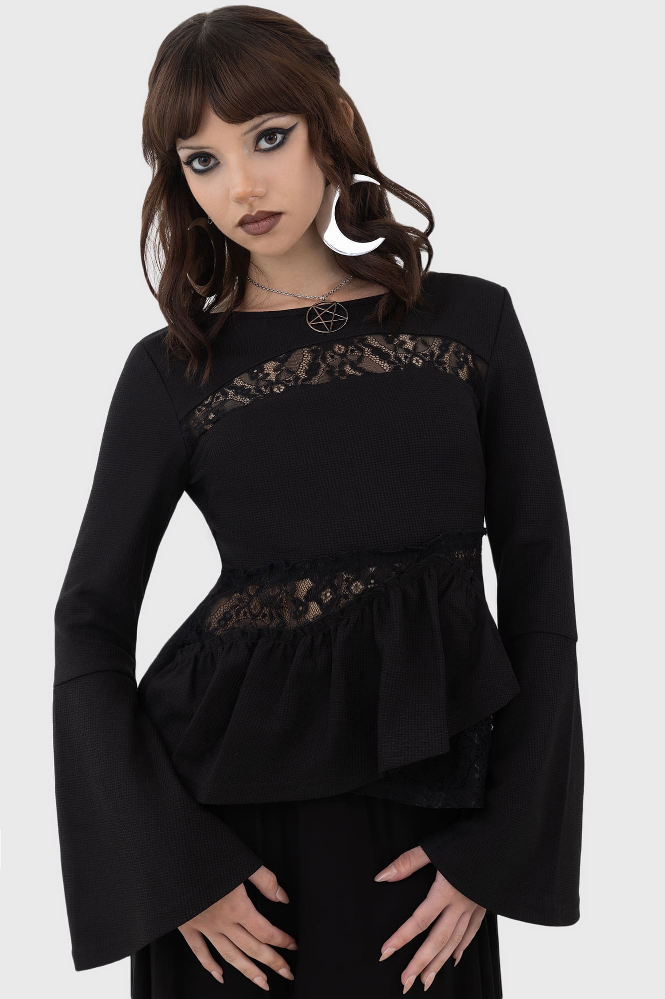 Killstar Yohana Lace Panel Blouse with Flared Sleeves