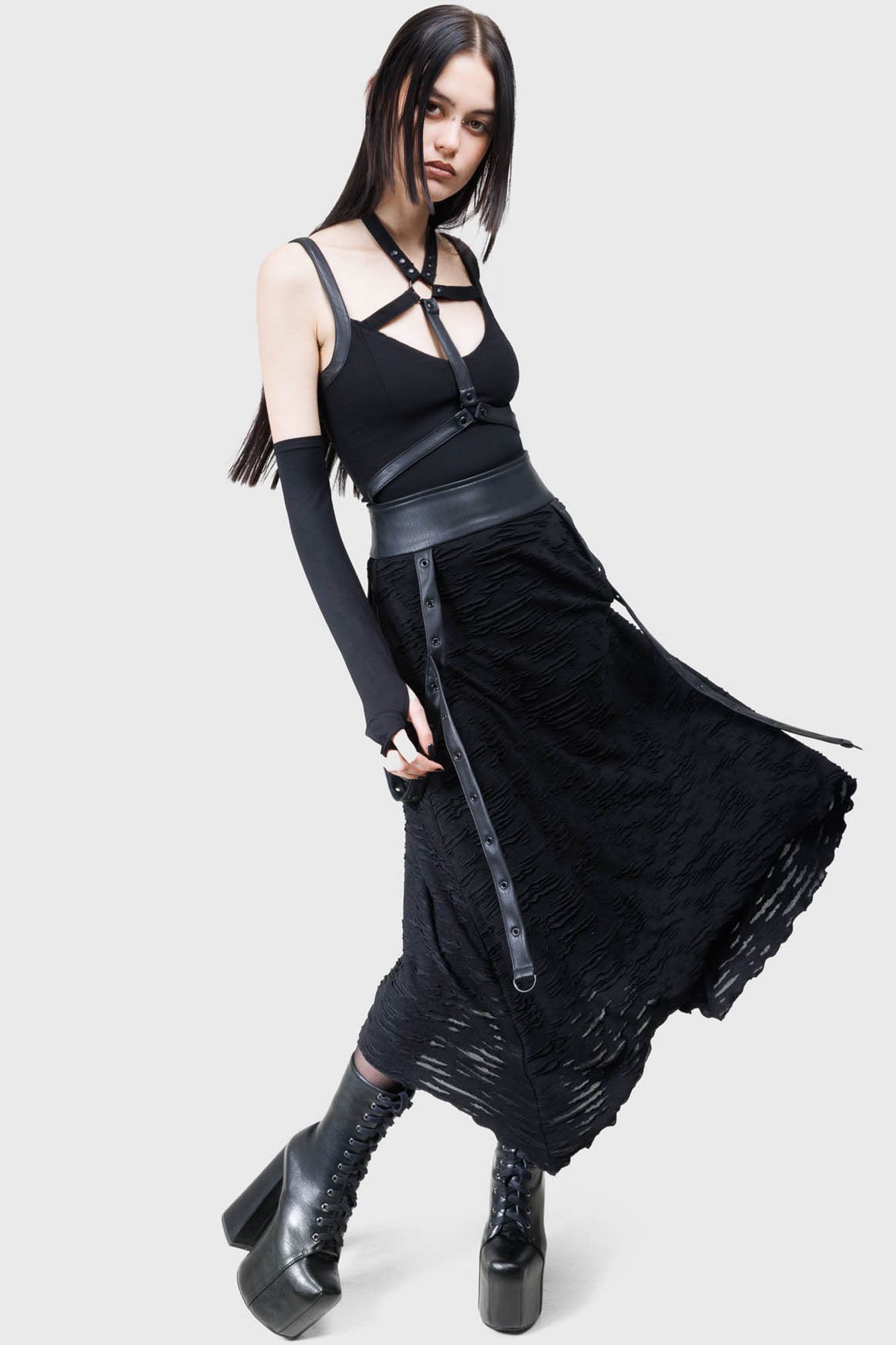 Gloomara Black Strappy Textured Jersey Skirt with Pointed Hem