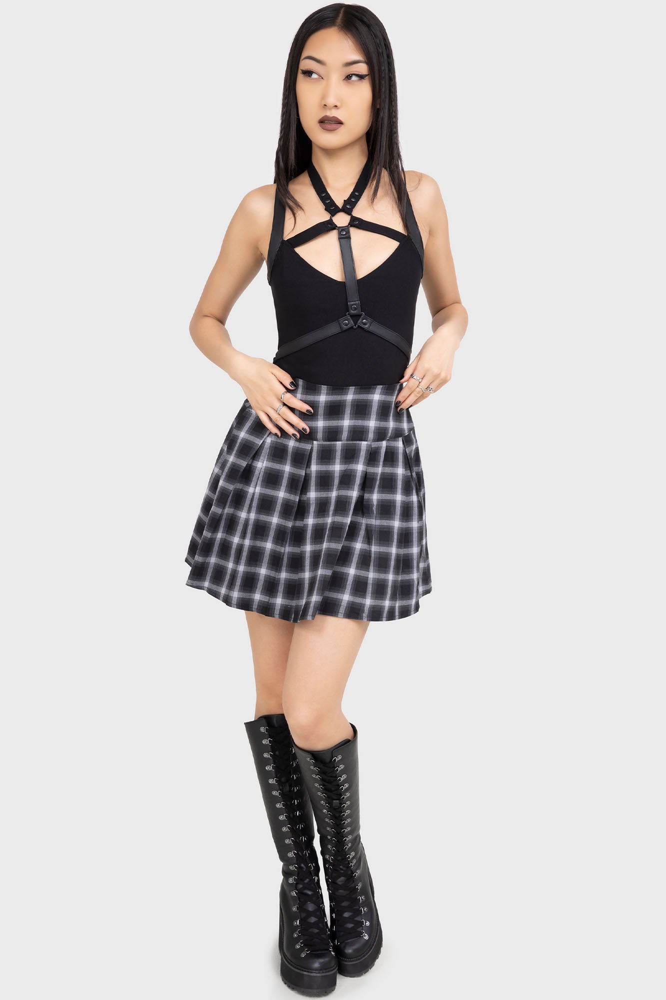 KIHILIST Artem Mini Pleated Skirt - Black Grey Tartan Cotton