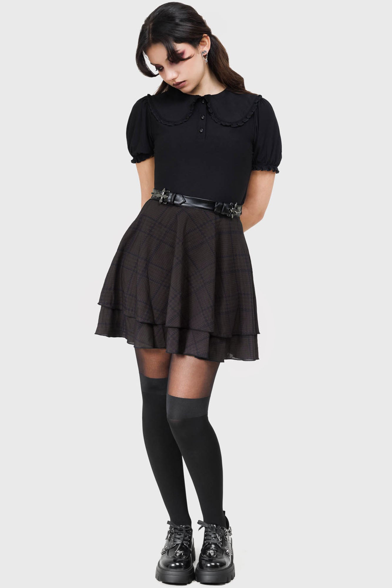 Killstar Cryptessa Brown Checkered Mini Skirt with PU Waistband