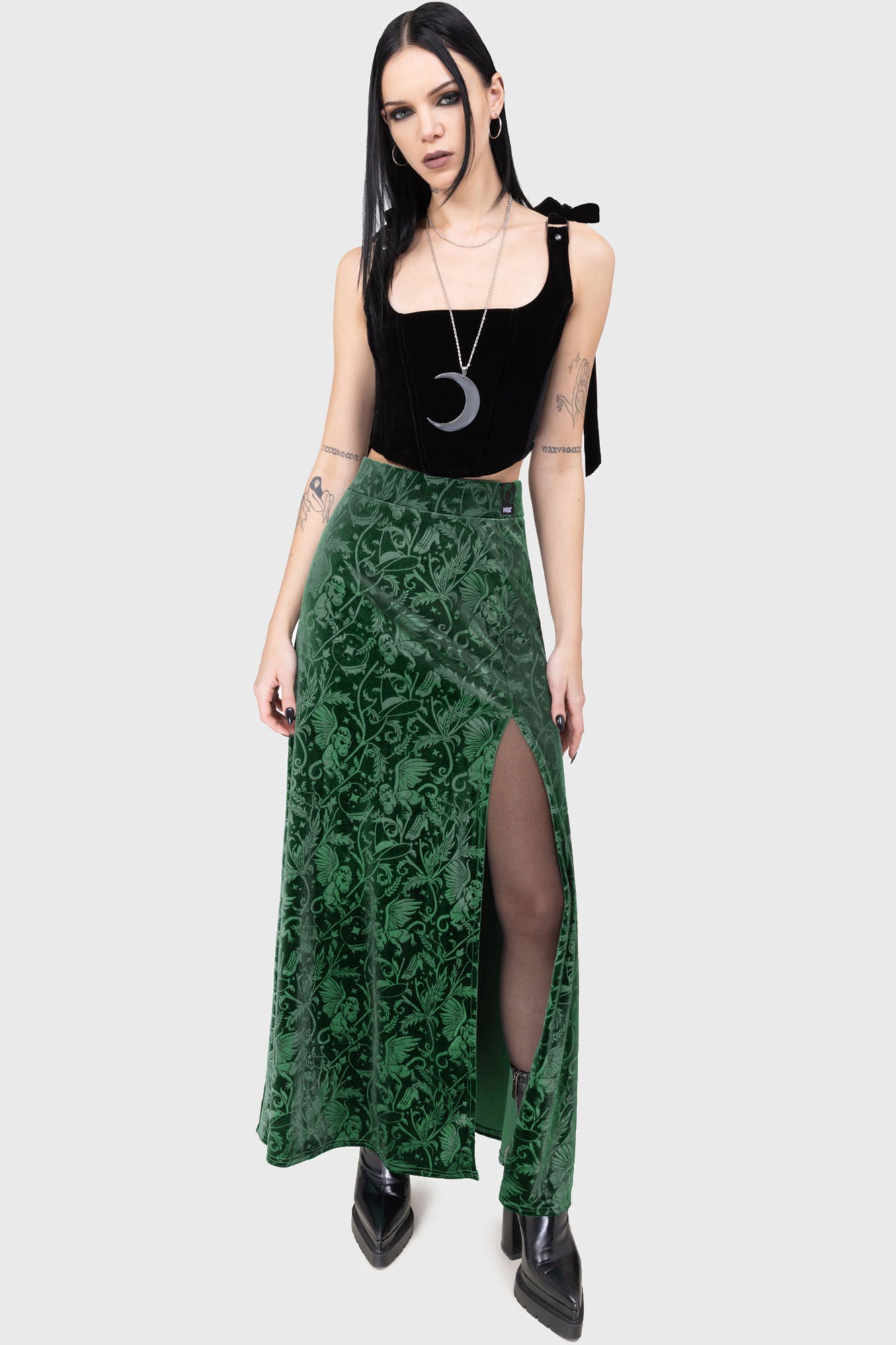 Killstar Emerald Envy Velvet Maxi Skirt with Side Slit