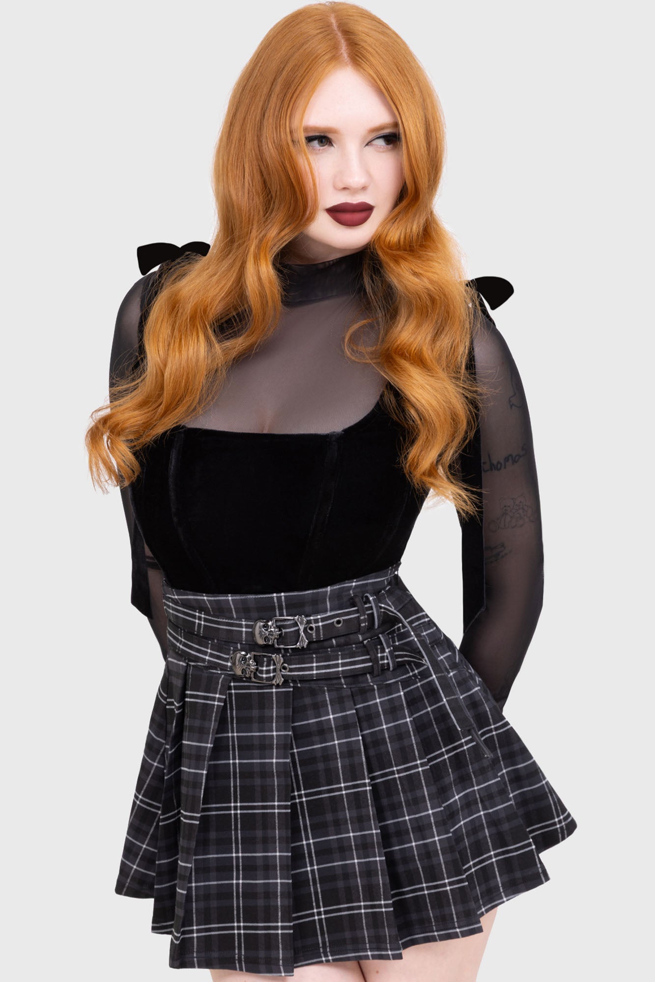 Killstar Grey Tartan Riot Pleated Mini Skirt with Skull Buckle