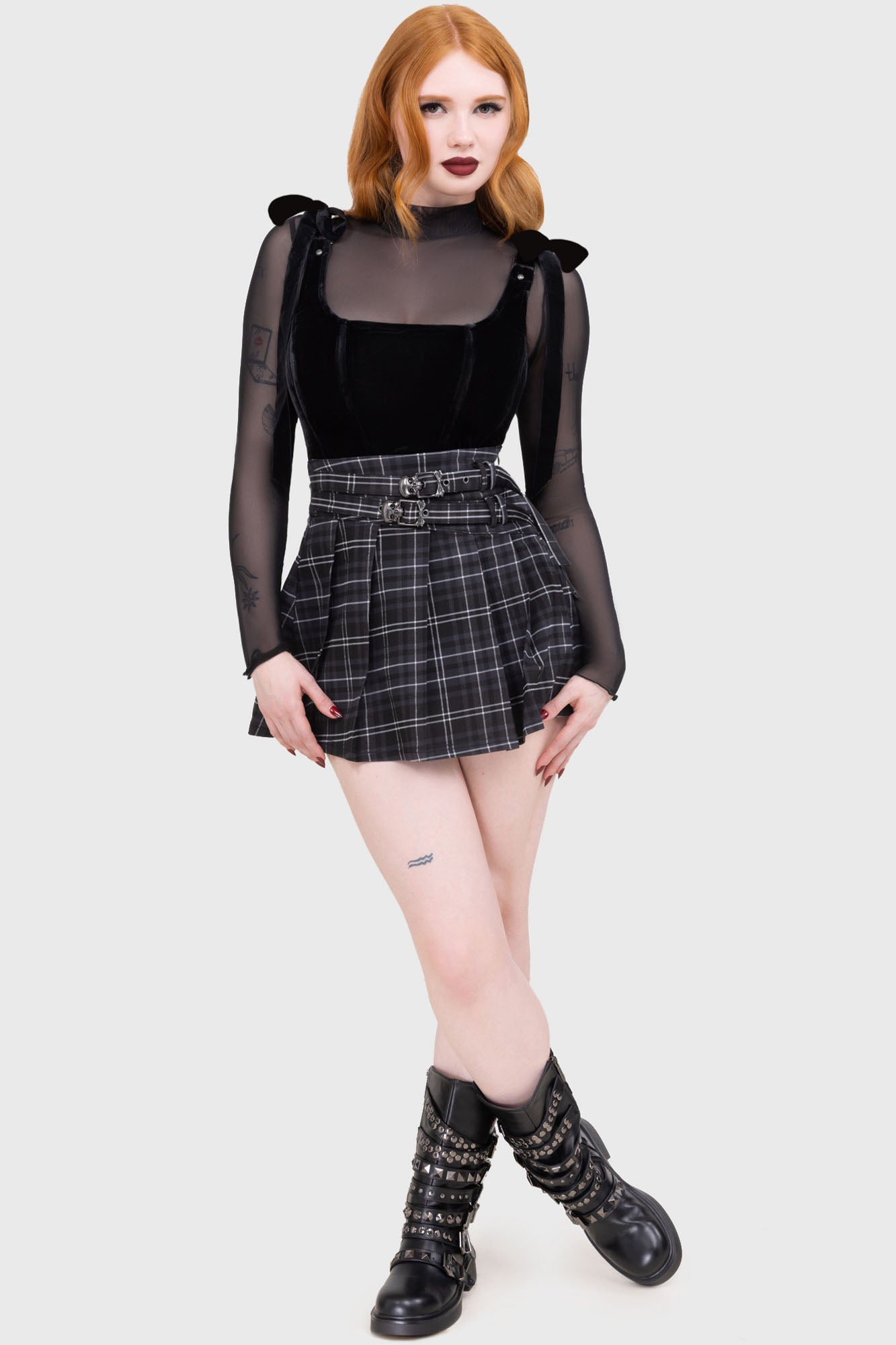 Killstar Grey Tartan Riot Pleated Mini Skirt with Skull Buckle
