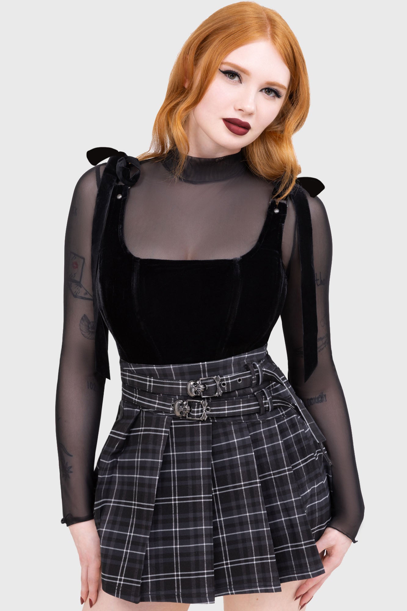 Killstar Grey Tartan Riot Pleated Mini Skirt with Skull Buckle