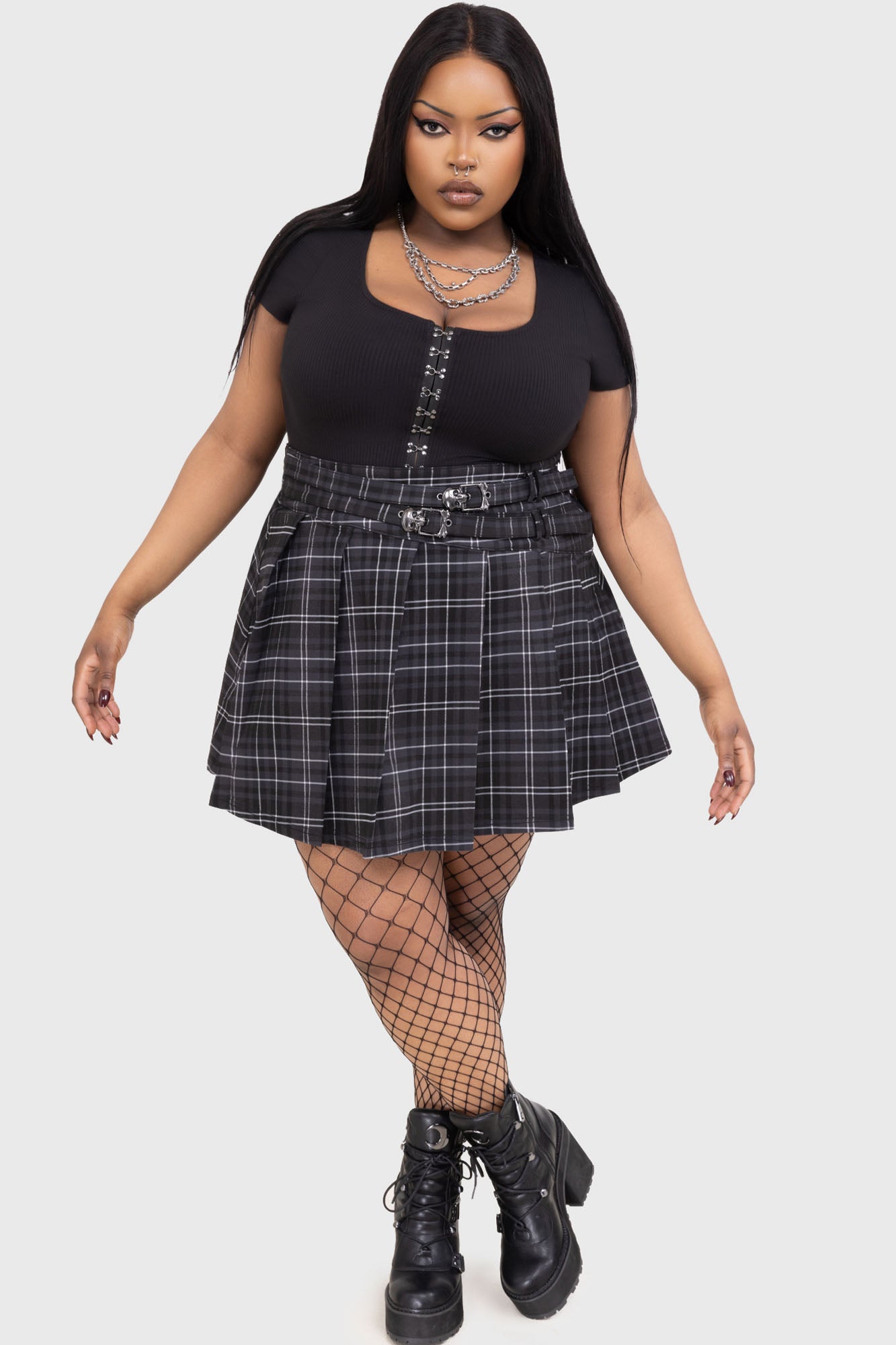 Killstar Grey Tartan Riot Pleated Mini Skirt with Skull Buckle