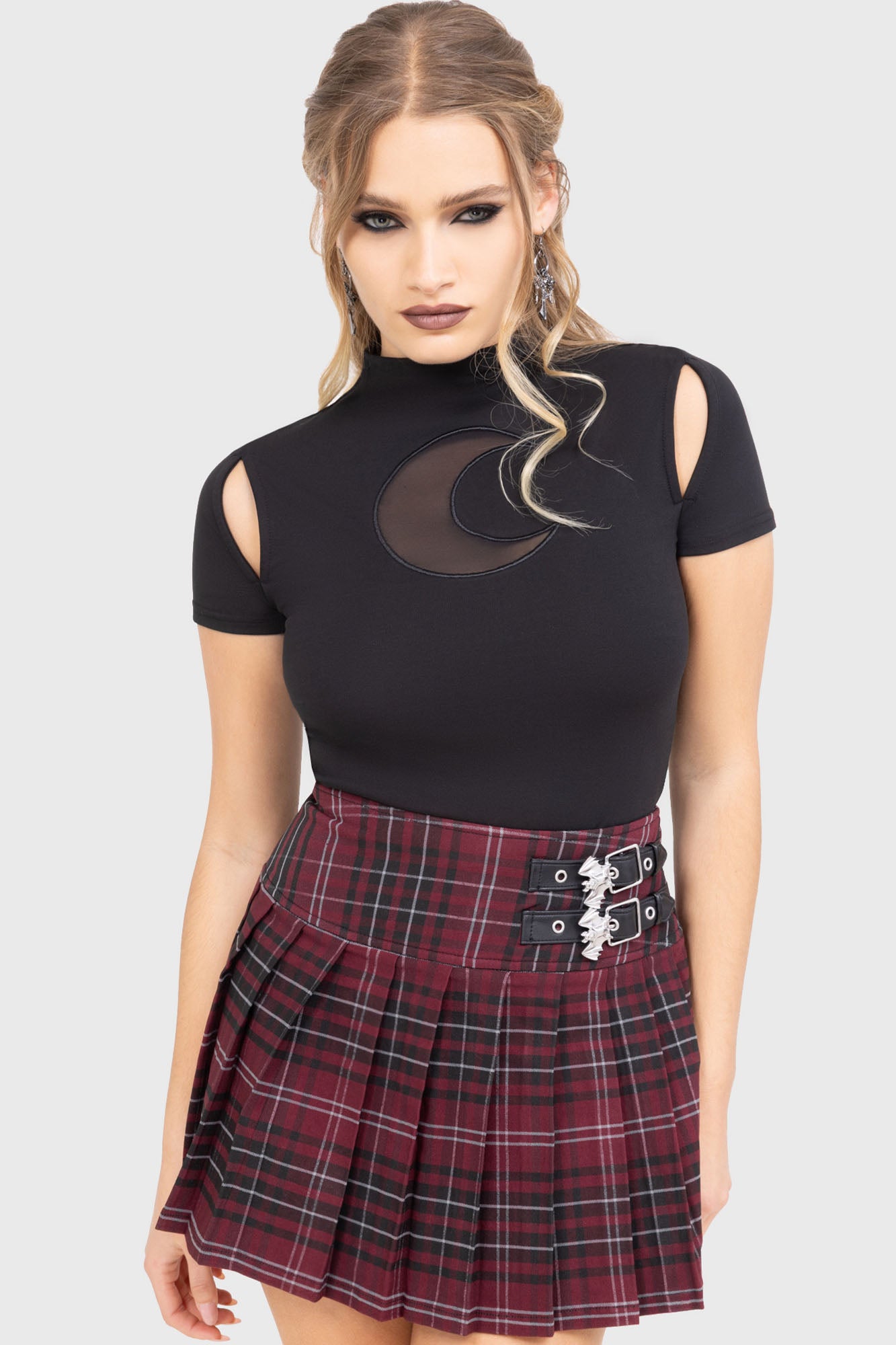 Killstar Bat Girl Pleated Mini Skirt - Burgundy Tartan