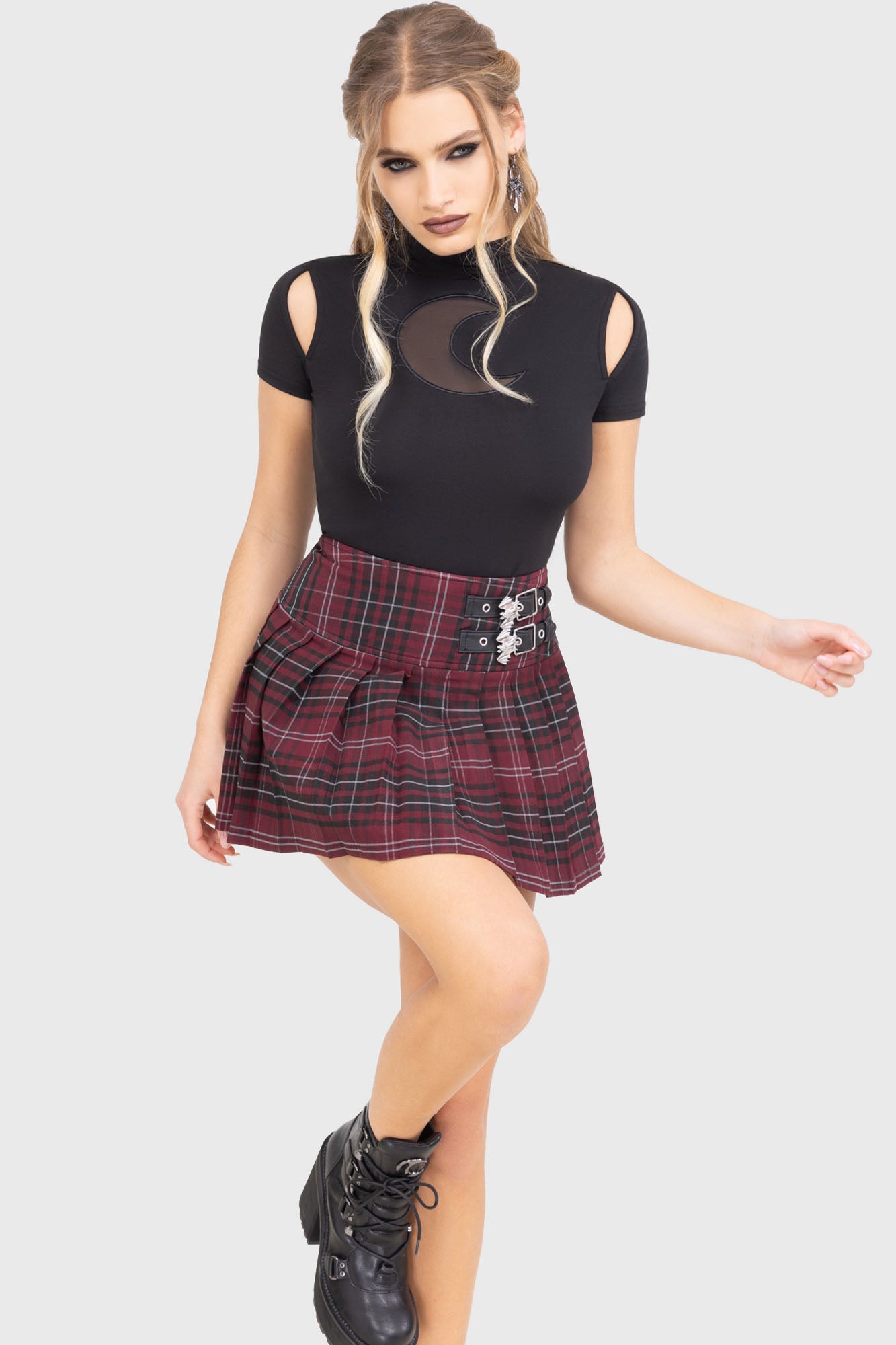Killstar Bat Girl Pleated Mini Skirt - Burgundy Tartan