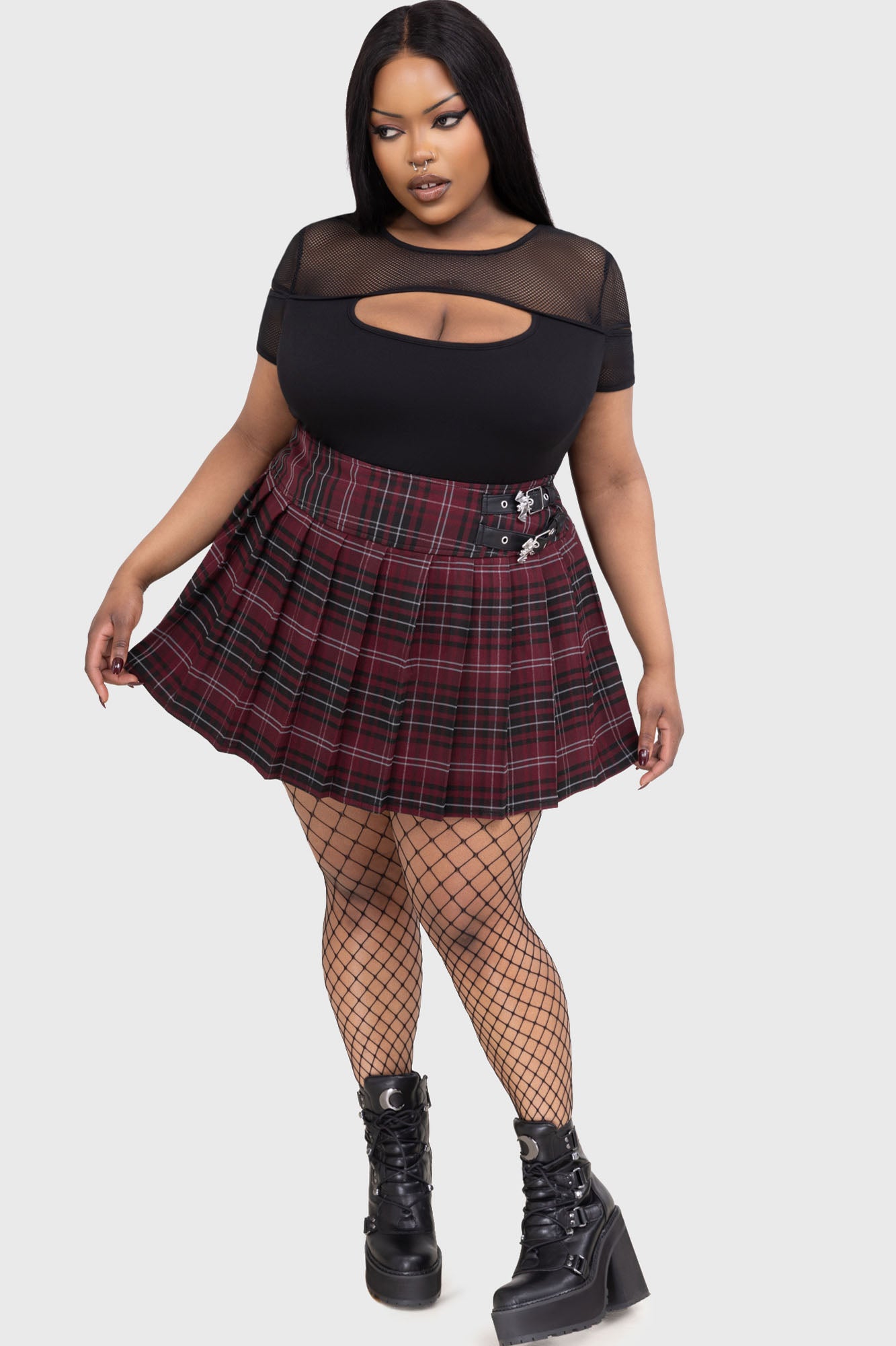 Killstar Bat Girl Pleated Mini Skirt - Burgundy Tartan