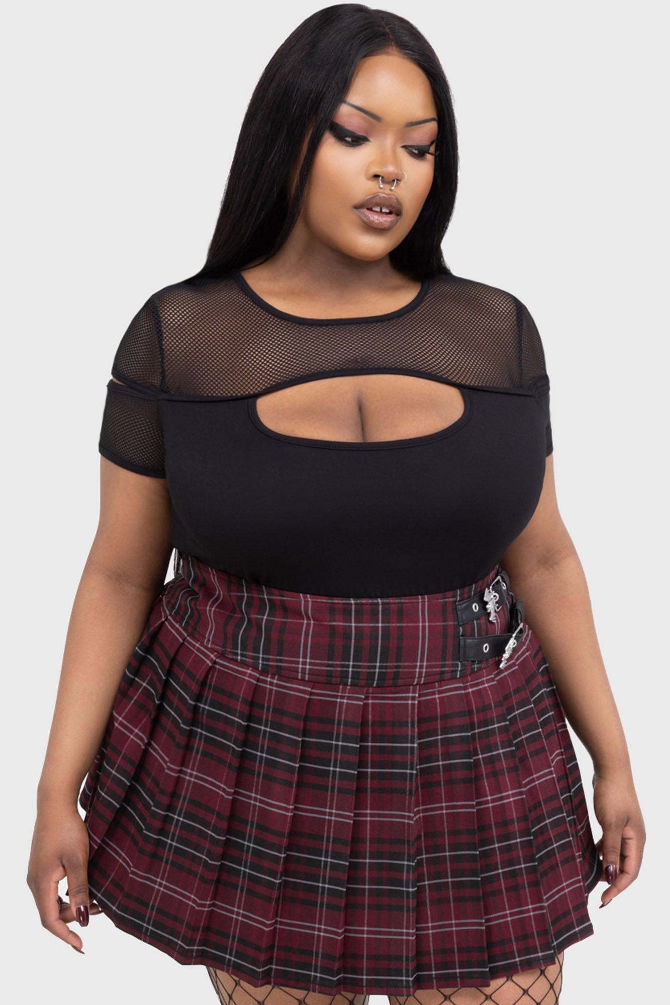 Killstar Bat Girl Pleated Mini Skirt - Burgundy Tartan