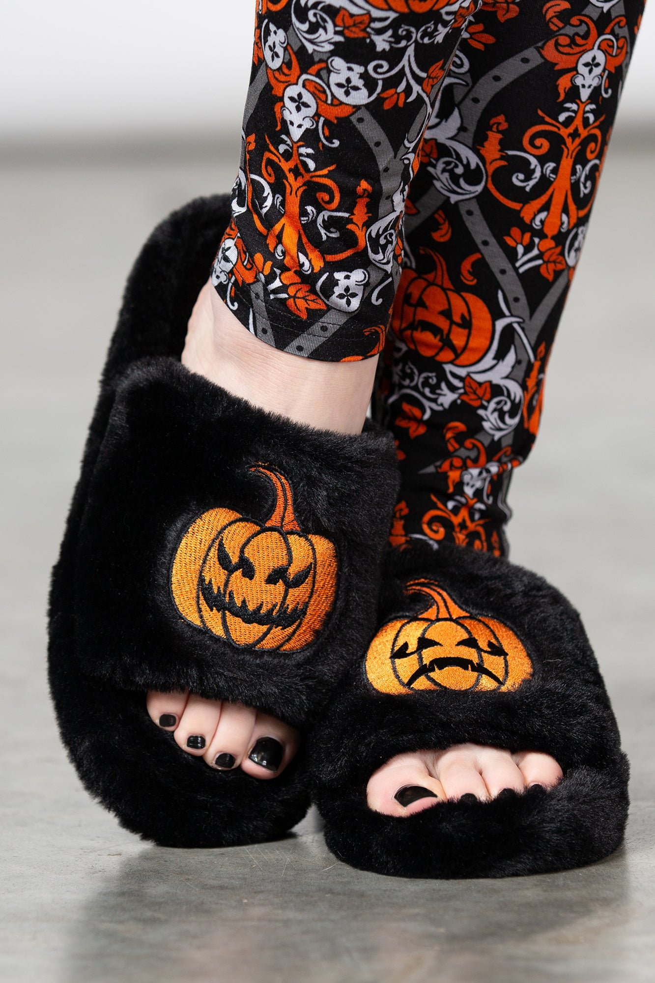 Killstar Pumpkin Embroidered Faux Fur Slippers with Grip Soles