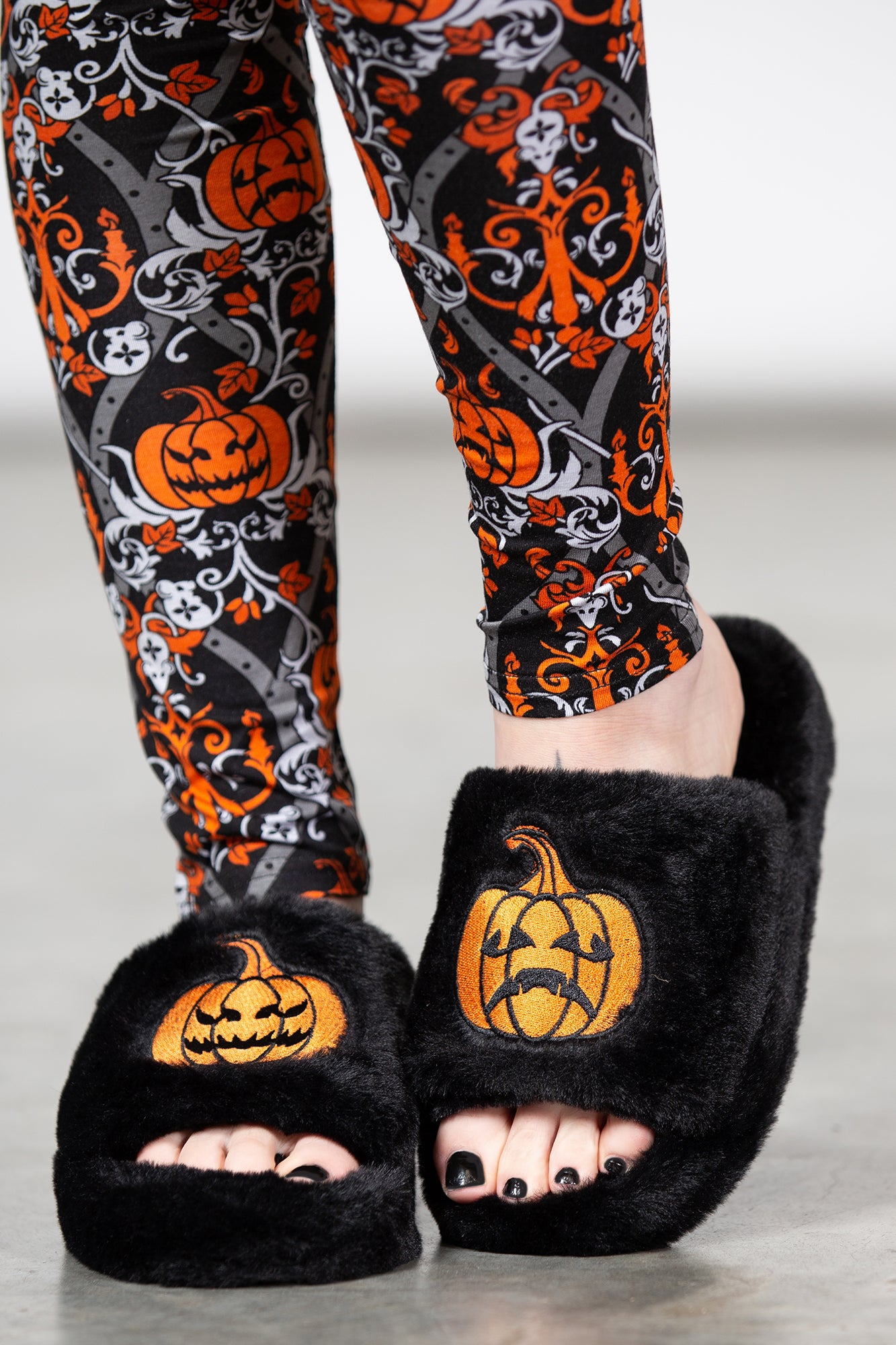 Killstar Pumpkin Embroidered Faux Fur Slippers with Grip Soles