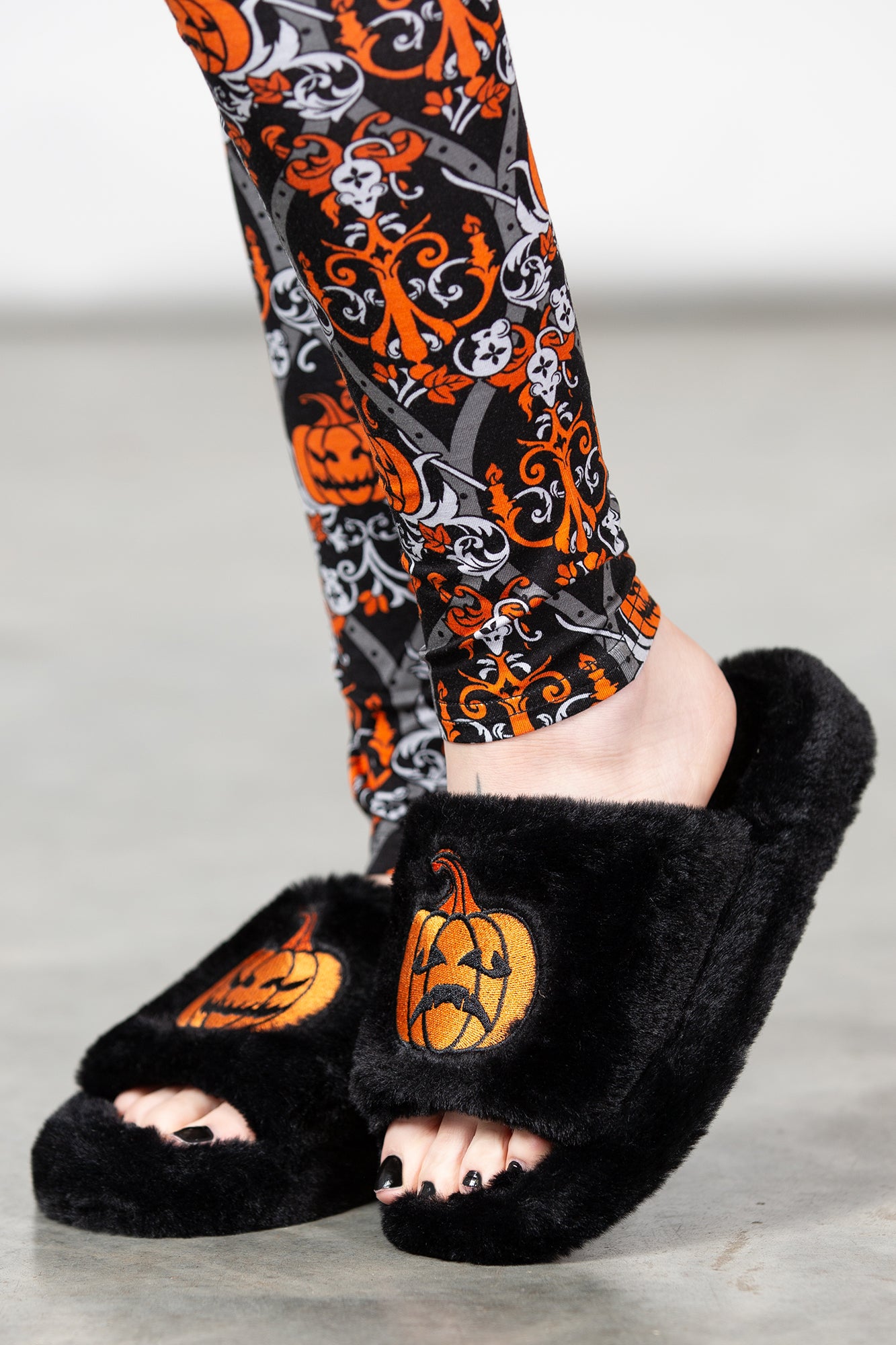 Killstar Pumpkin Embroidered Faux Fur Slippers with Grip Soles