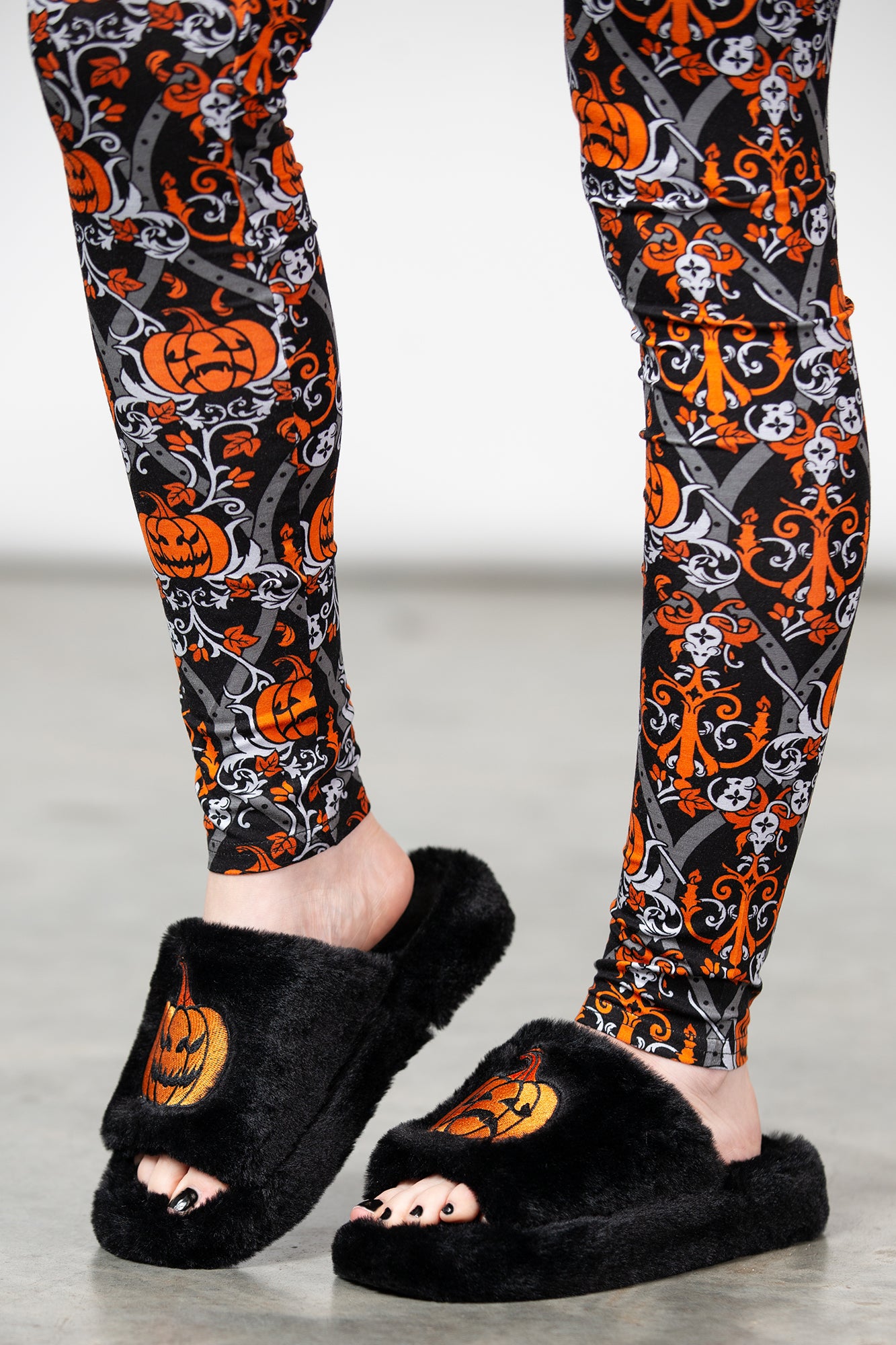 Killstar Pumpkin Embroidered Faux Fur Slippers with Grip Soles