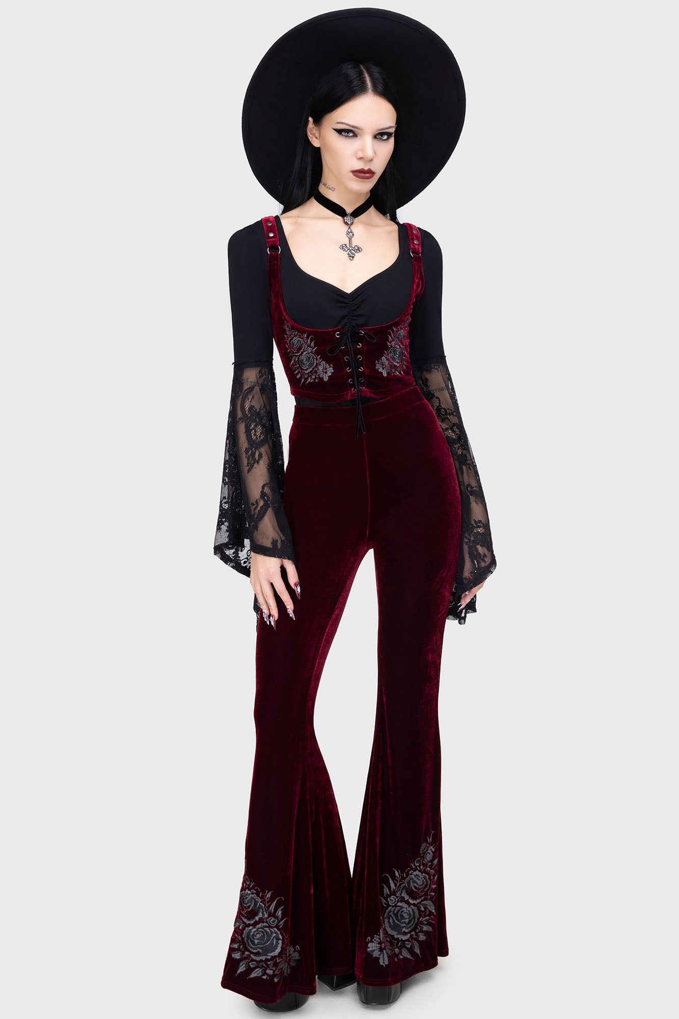 Killstar Devil's Rose Velvet Flare Pants