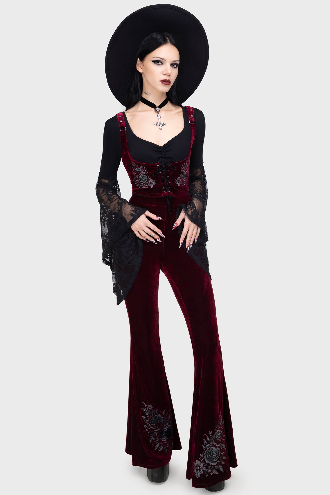 Killstar Devil's Rose Velvet Flare Pants