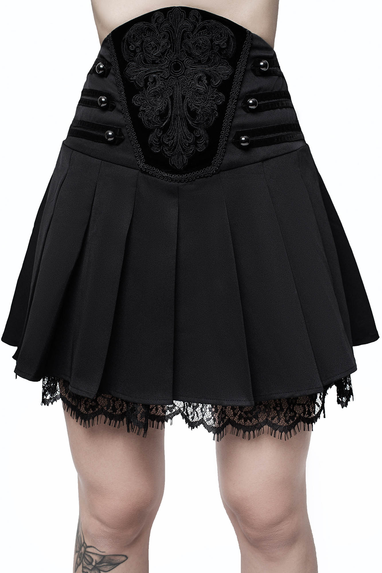Killstar Abbey Pleated Velvet Skirt with Embroidery