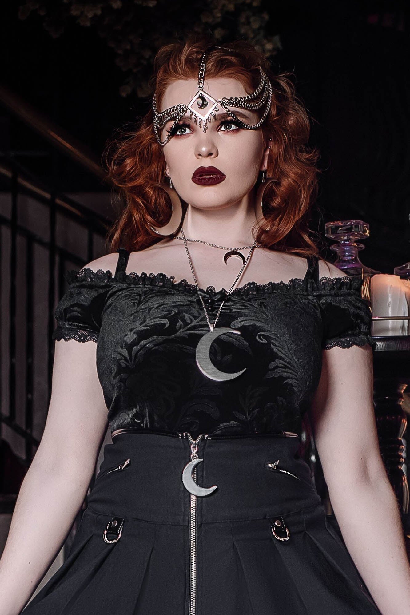 Killstar Agatha Velvet Bardot Top with Corset Back