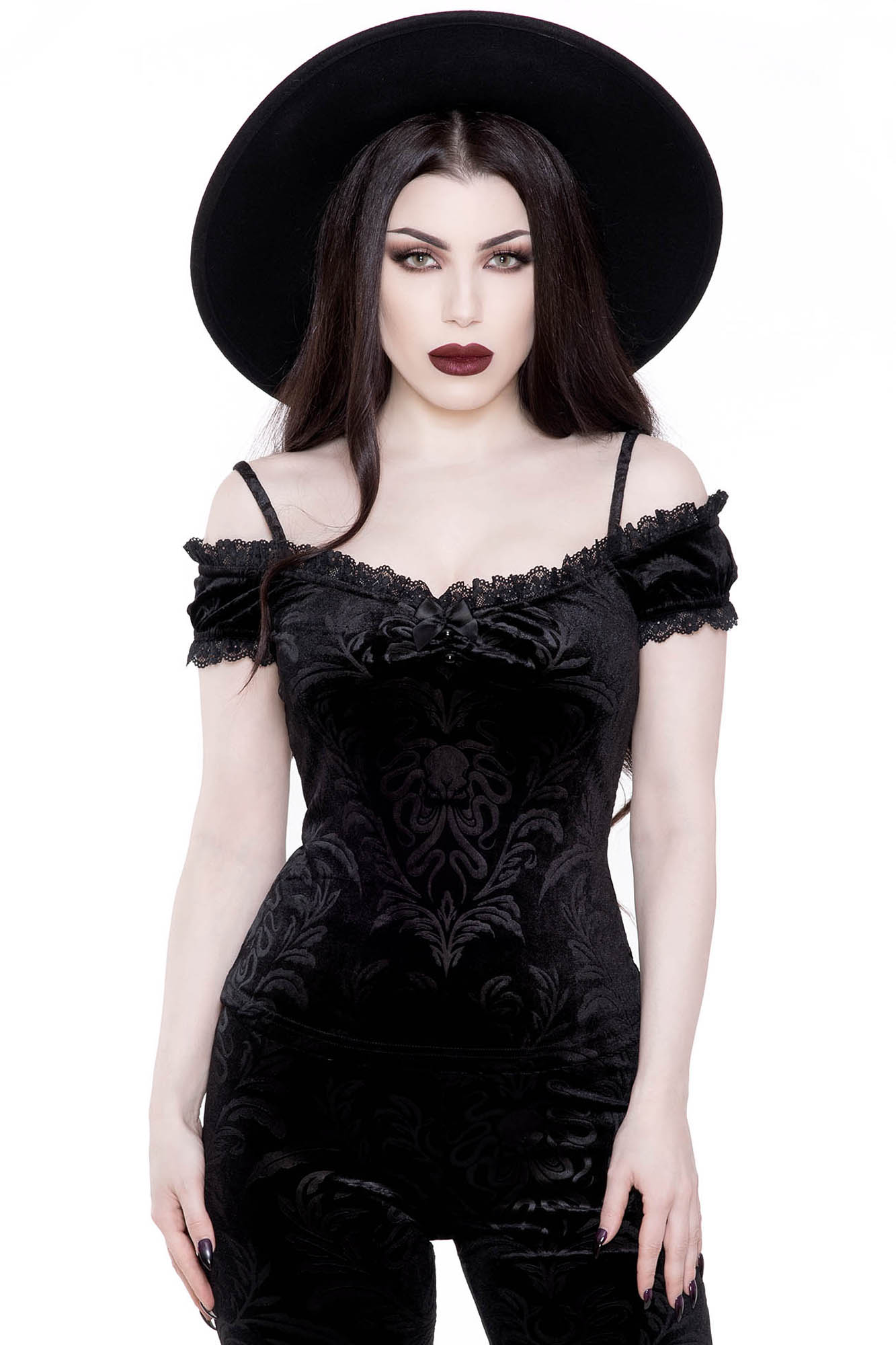 Killstar Agatha Velvet Bardot Top with Corset Back