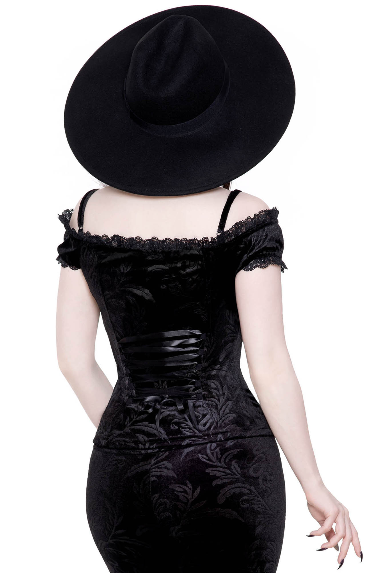 Killstar Agatha Velvet Bardot Top with Corset Back