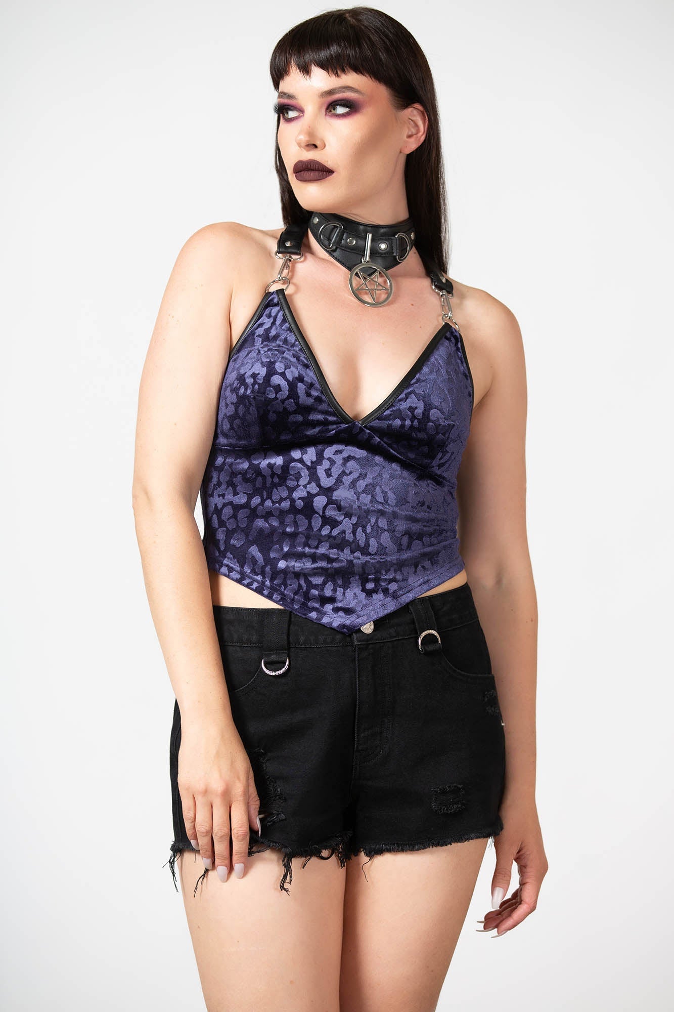 Killstar Alley Cat Velvet Halter Top - Adjustable Leopard Print