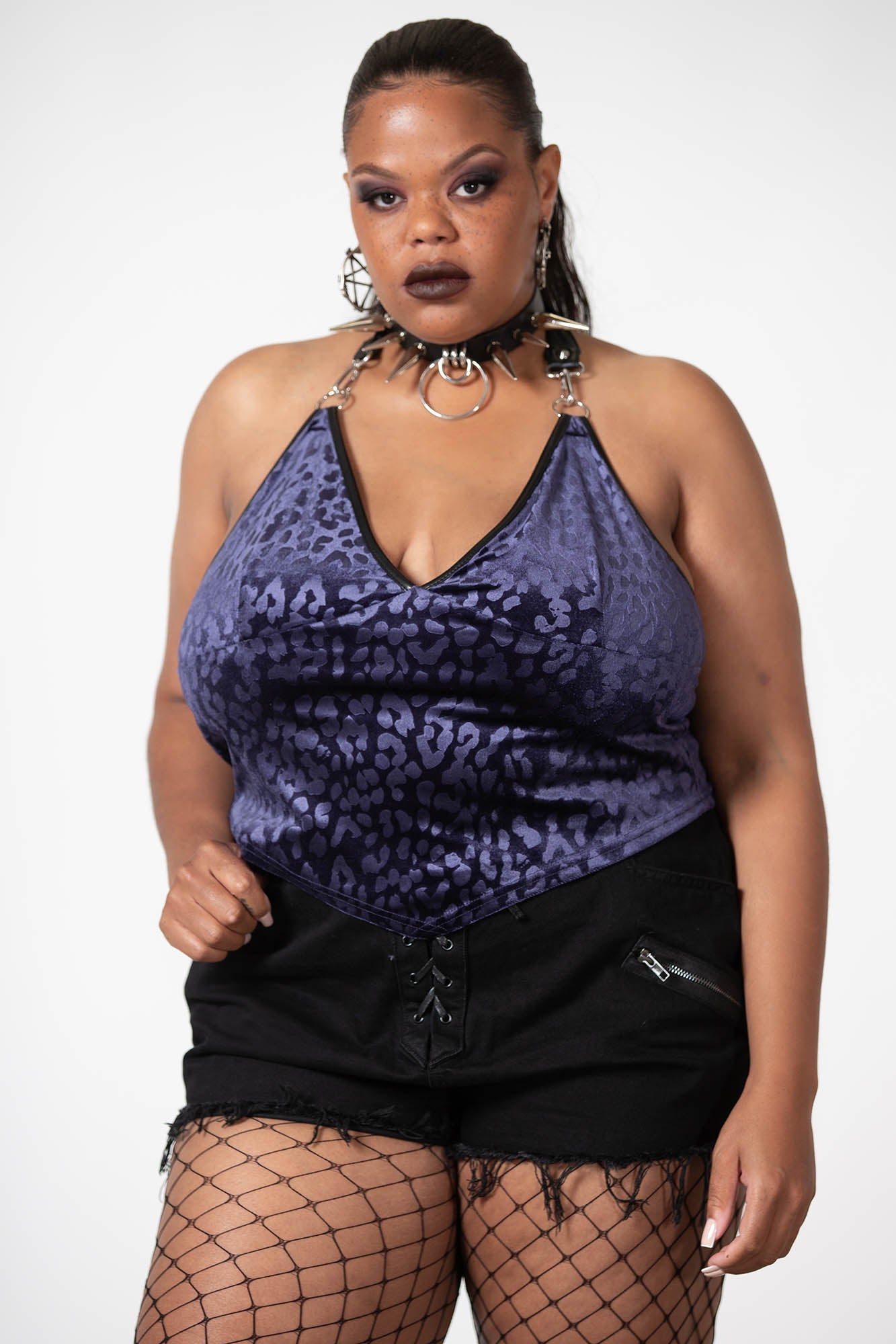 Killstar Plum Plus Size Velvet Halter Top - Leopard Print