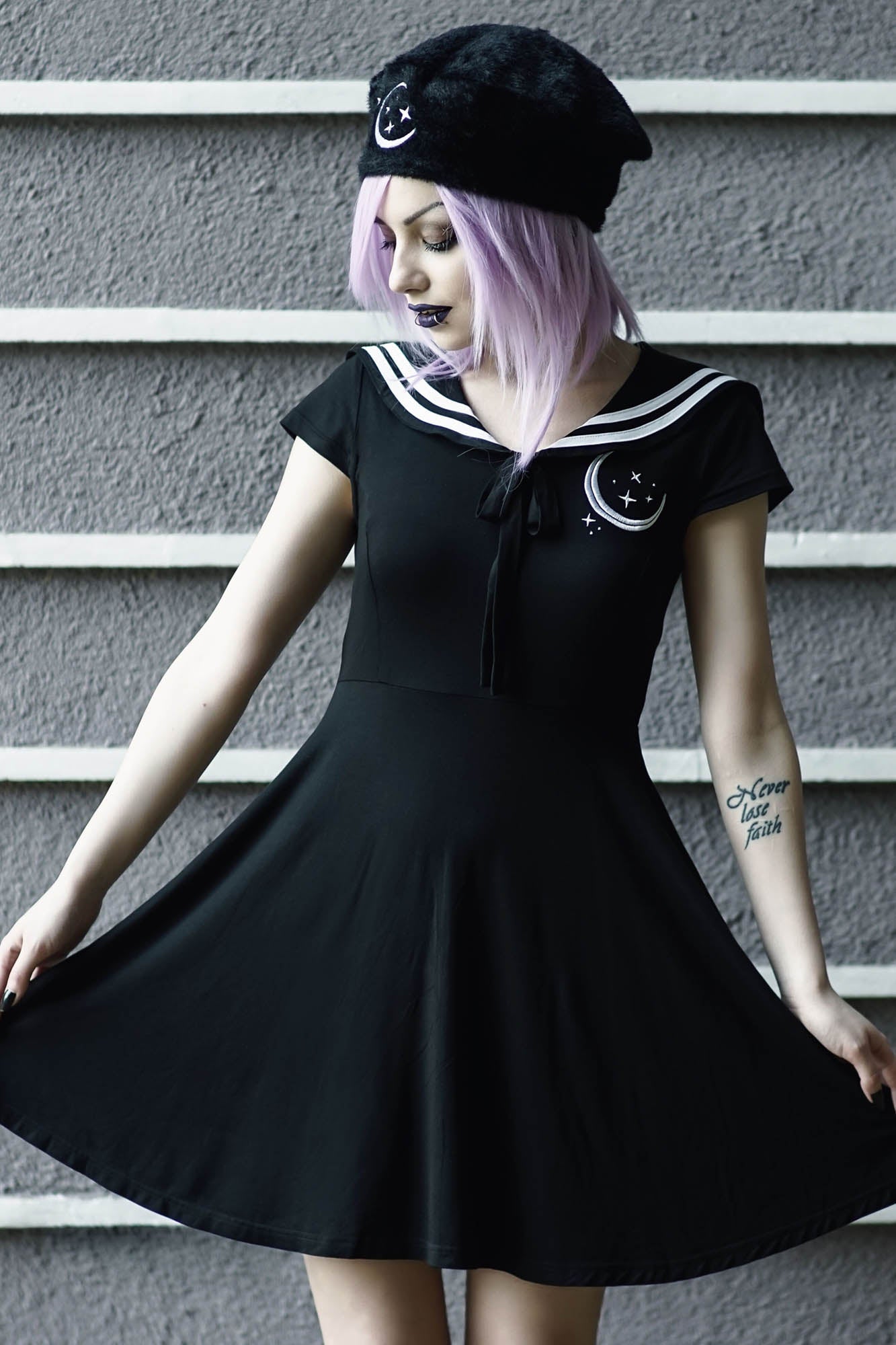 Kawaii Amaya Skater Dress with Moon Embroidery & Tie Front