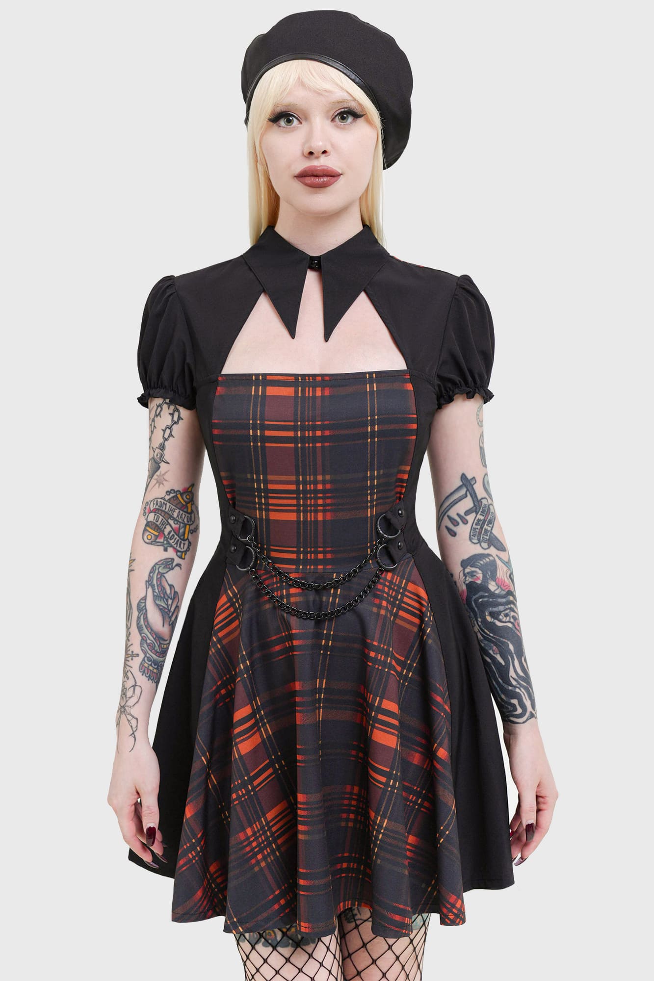 Killstar Amberic Orange Tartan Mini Dress with Chain Details