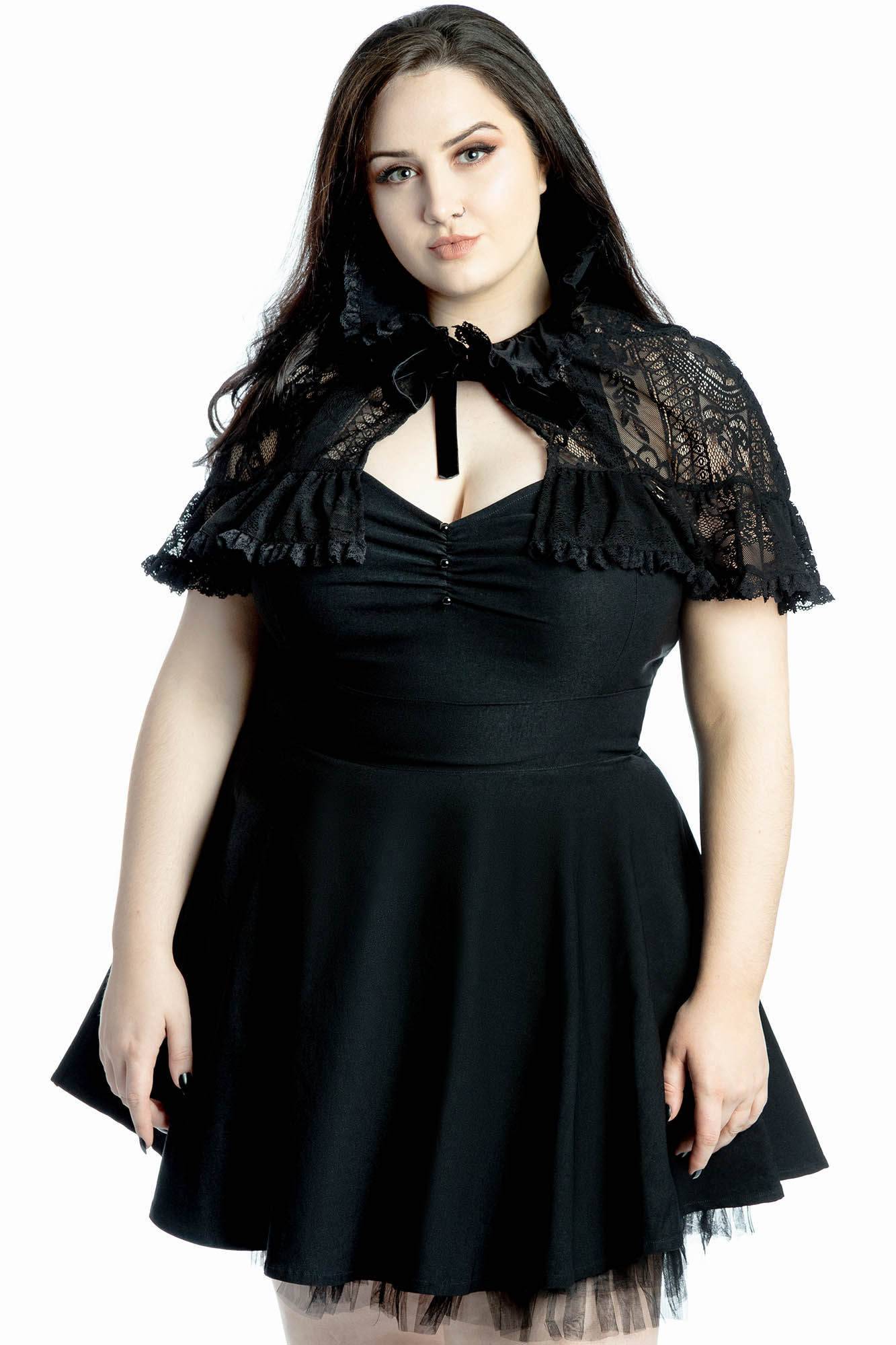 Killstar Ambrose Vintage Halterneck Party Dress with Lace Cape